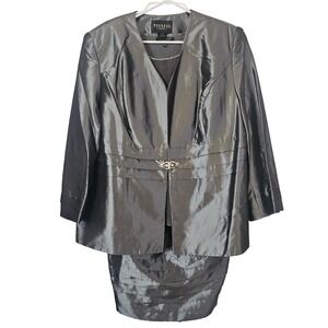 Peeress Collection Gunmetal Grey Metallic Skirt Suit Set 24W Special Formal New
